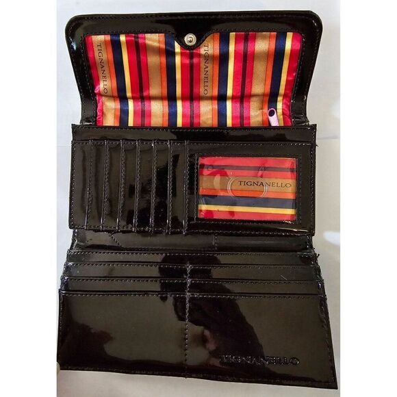 Tignanello Black Patent Leather Wallet With Colorful Striped Interior - Picture 3 of 9